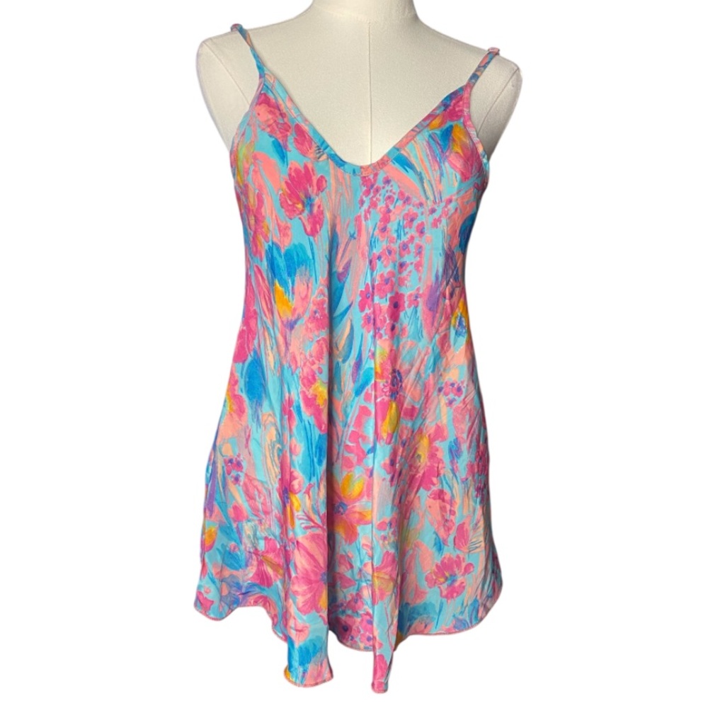 FLORENCIA 70% Silk Floral Chemise
Nightgown Mini Dress V-Neck Aqua
Pink Blue
M